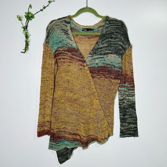 PrAna Asymmetrical Knit Earth Tones Oversized V-neck Sweater - Picture 1 of 9